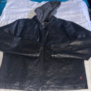 Levi's Black Leather Jacket with Gray Hood